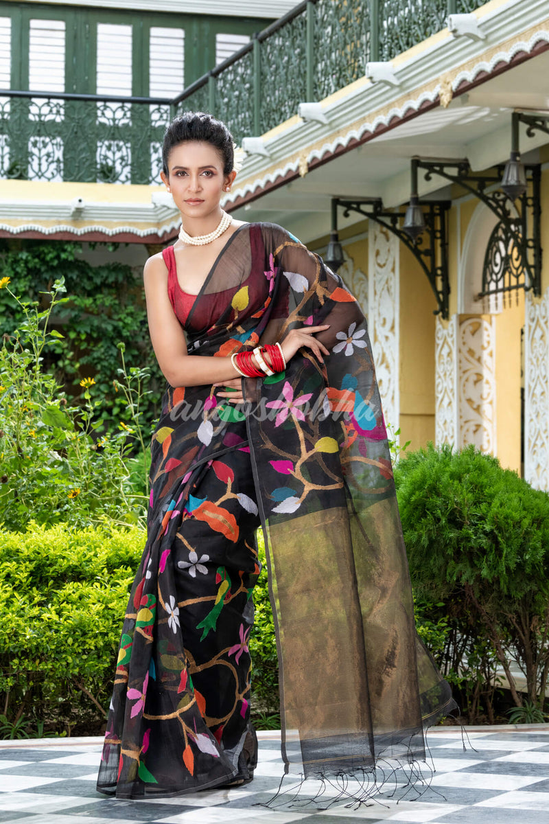 Black Silk Handloom Jamdani Saree