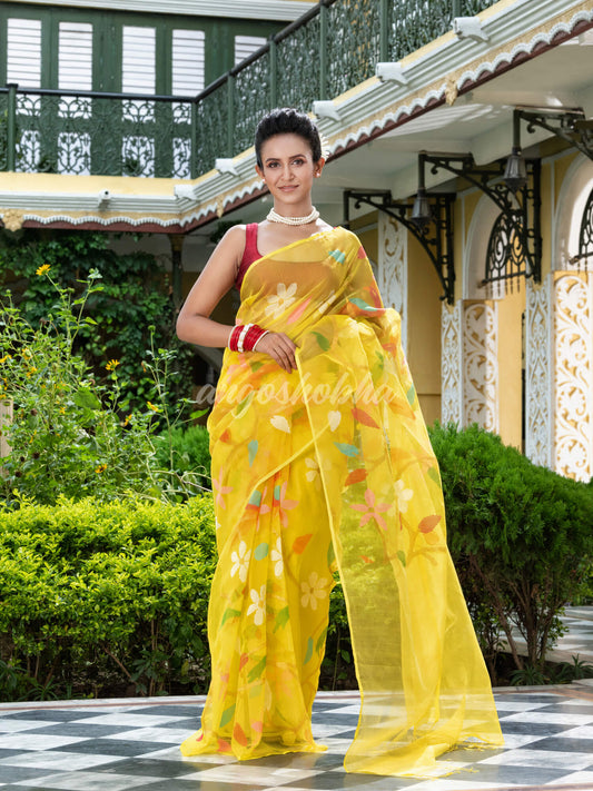 Yellow Silk Handloom Jamdani Saree