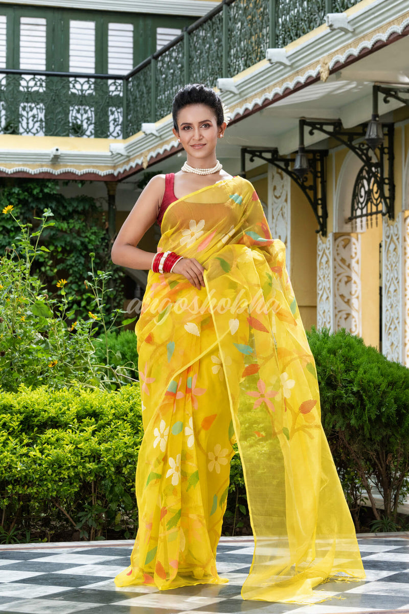 Yellow Silk Handloom Jamdani Saree