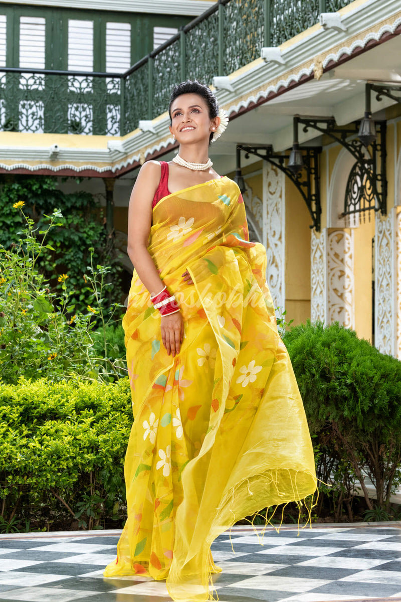 Yellow Silk Handloom Jamdani Saree