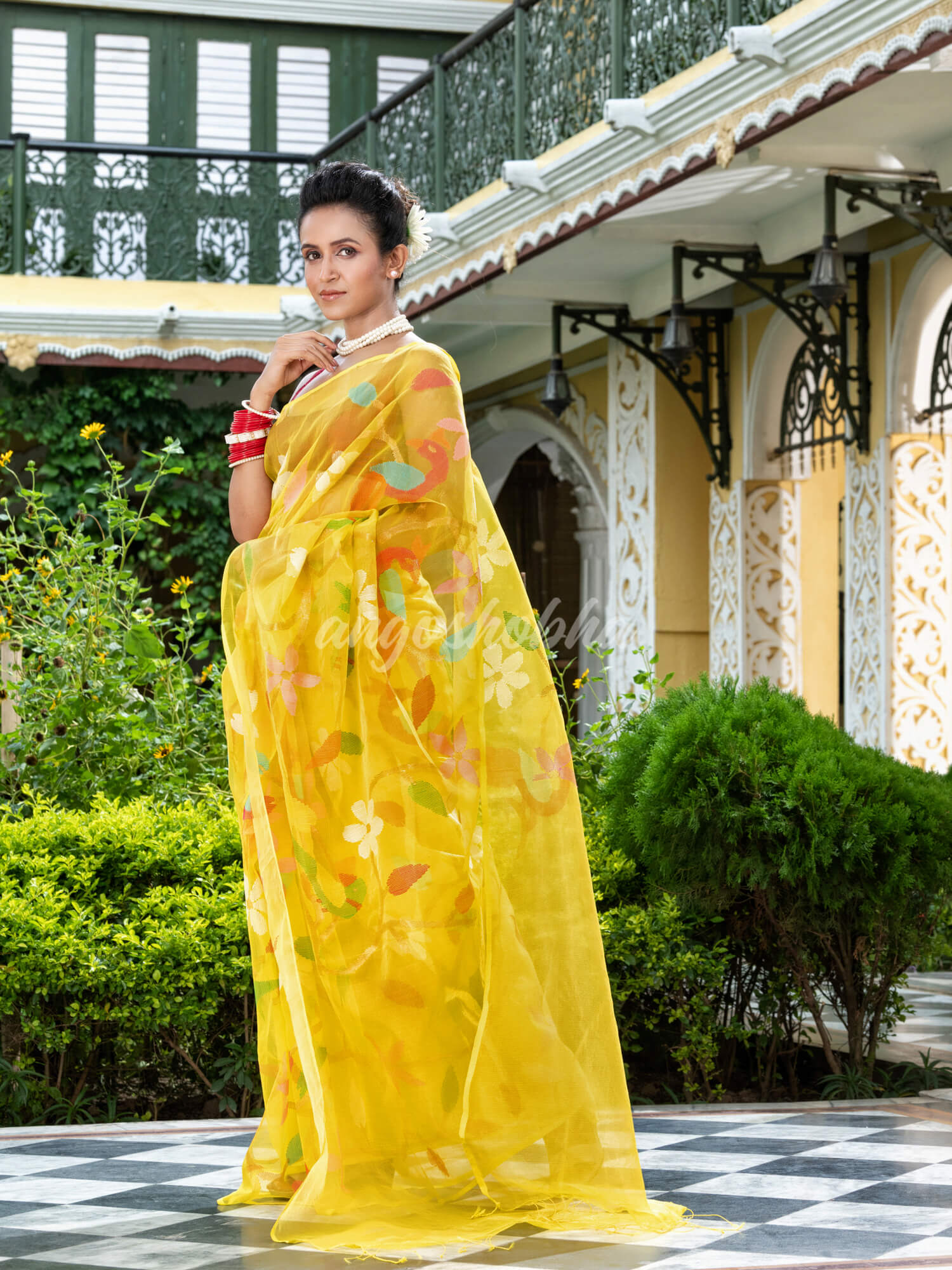 Yellow Silk Handloom Jamdani Saree