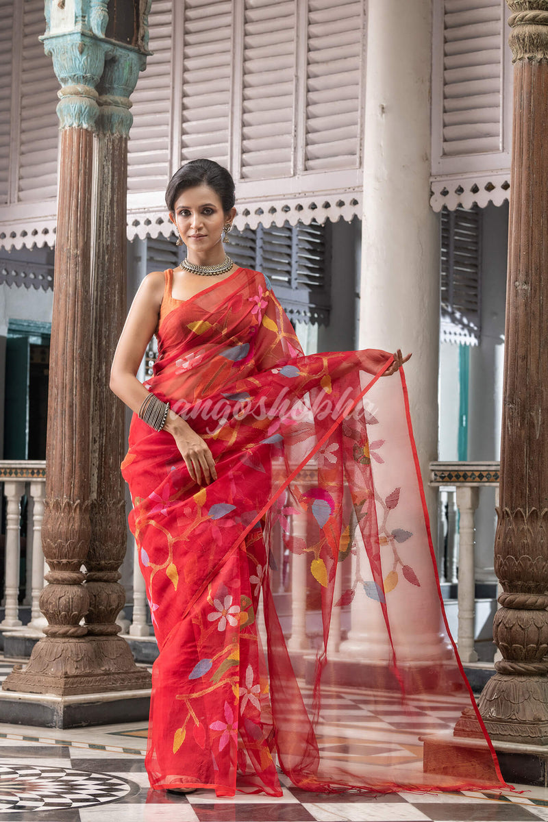 Red Silk Handloom Jamdani Saree