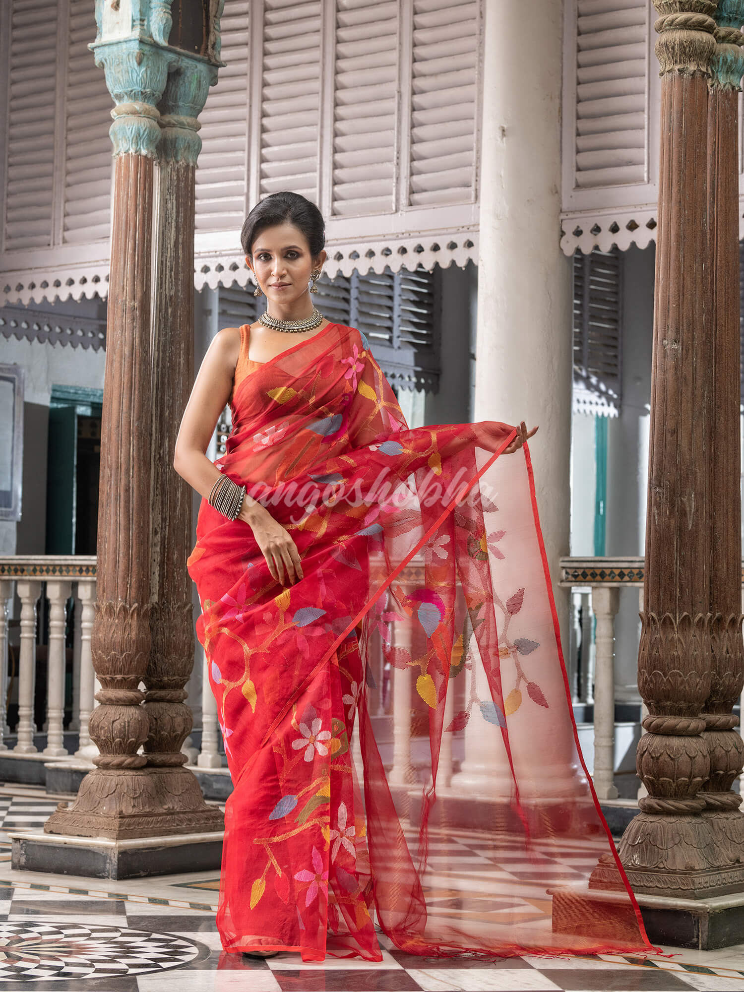 Red Silk Handloom Jamdani Saree