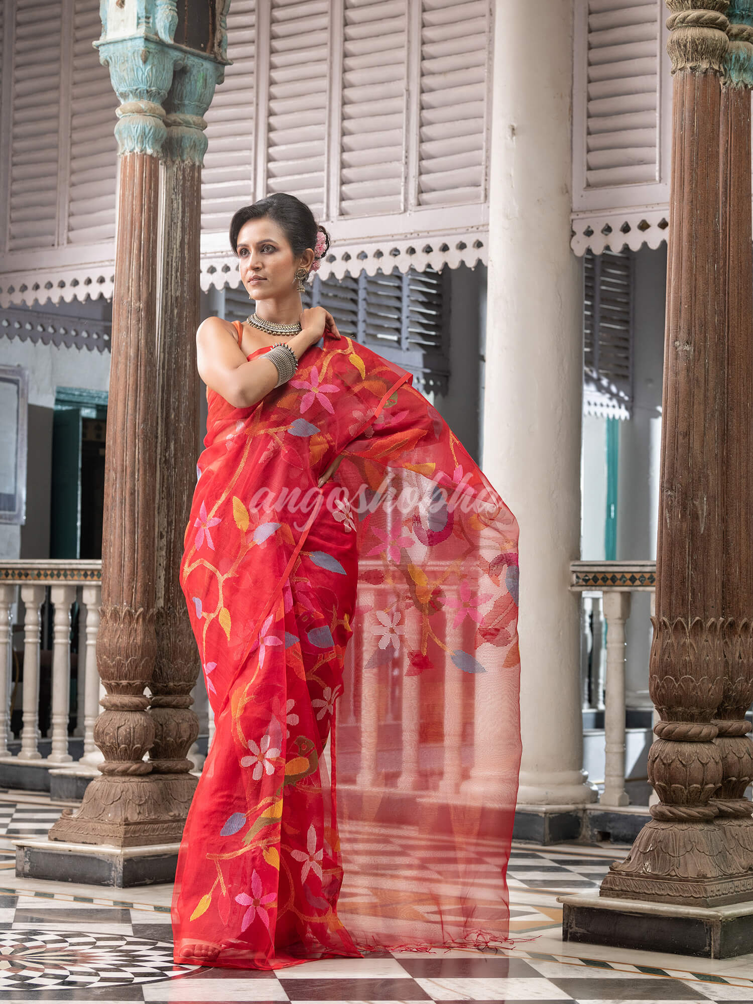 Red Silk Handloom Jamdani Saree