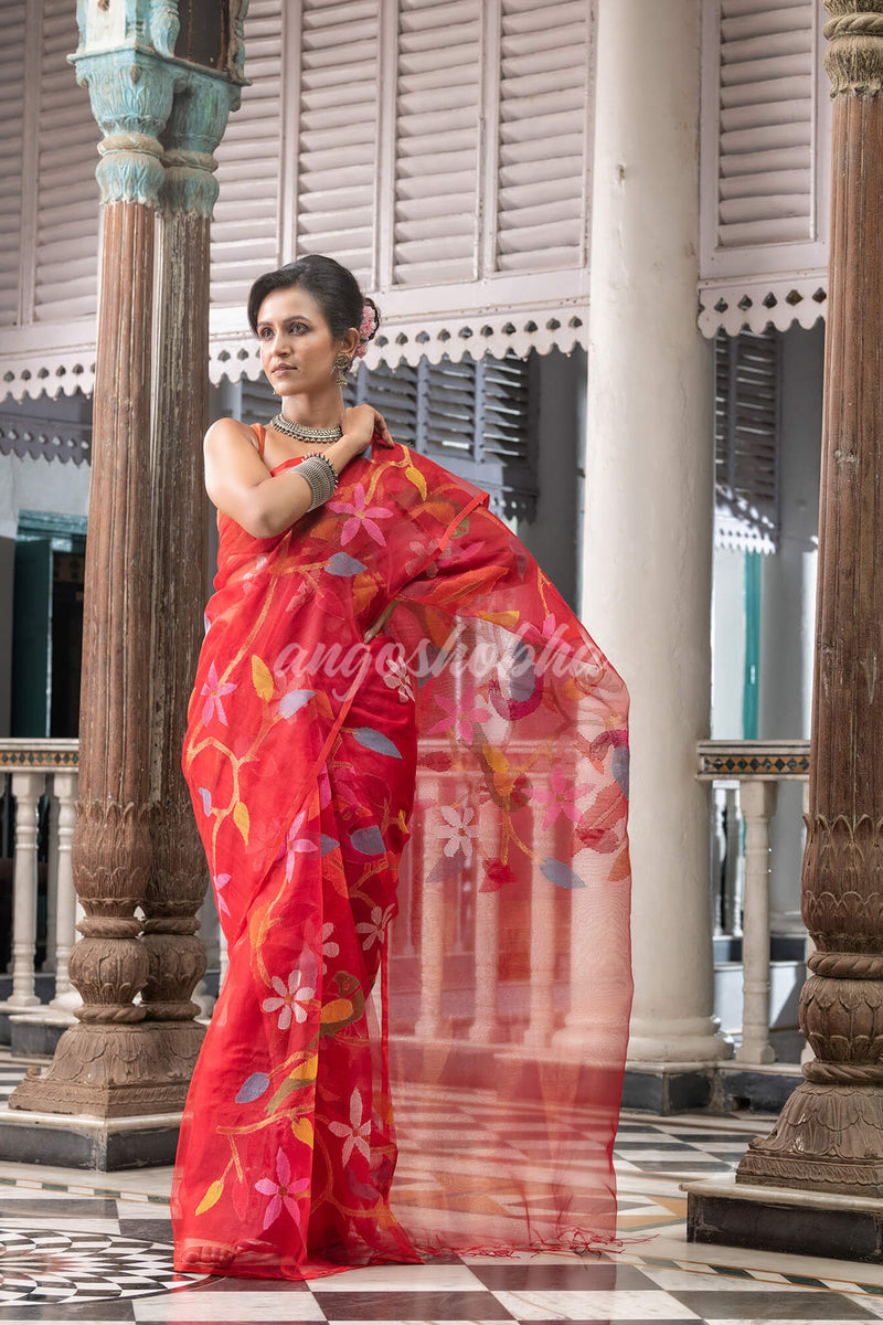 Red Silk Handloom Jamdani Saree