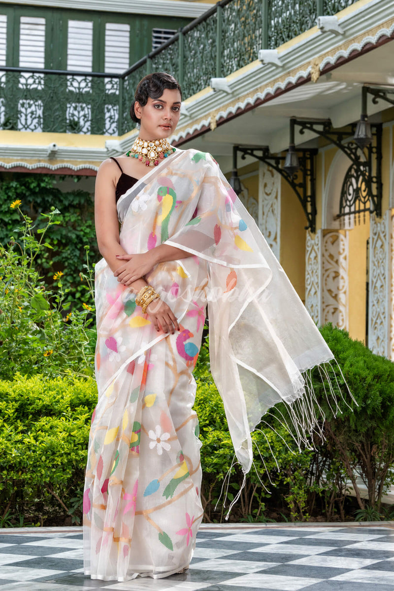 Off White Silk Handloom Jamdani Saree