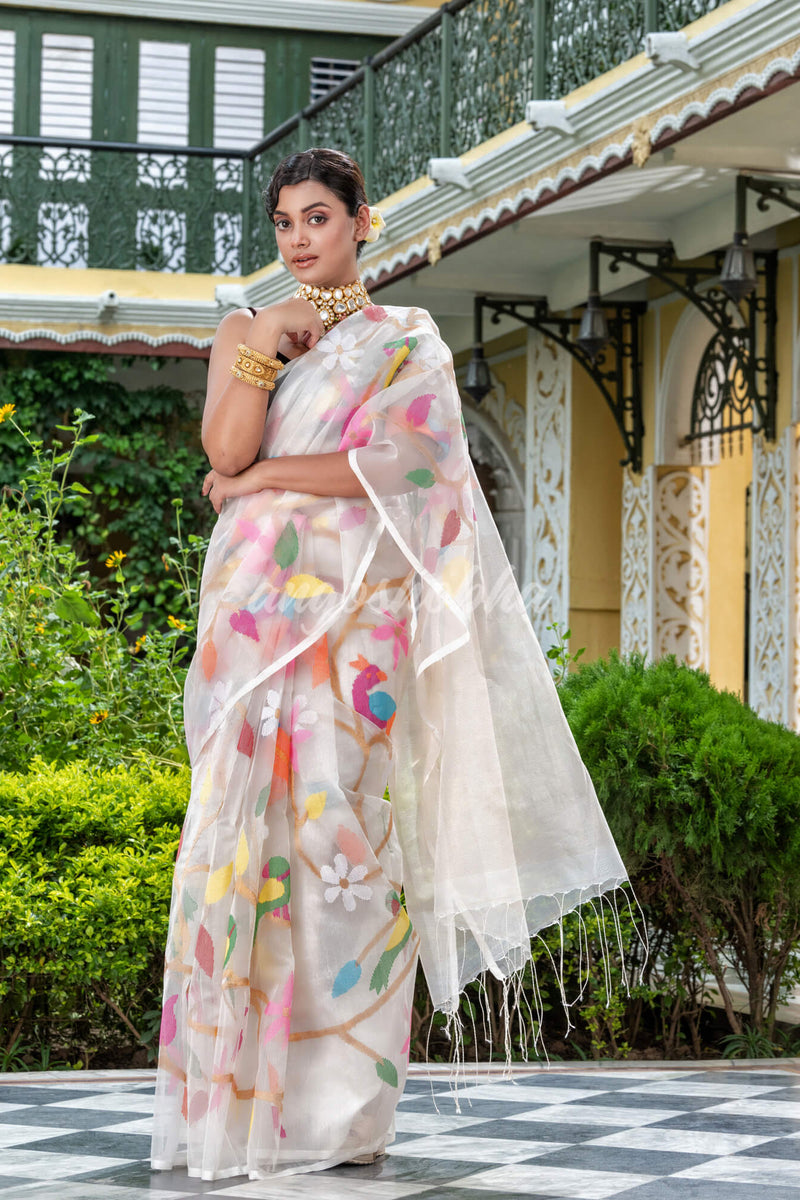 Off White Silk Handloom Jamdani Saree