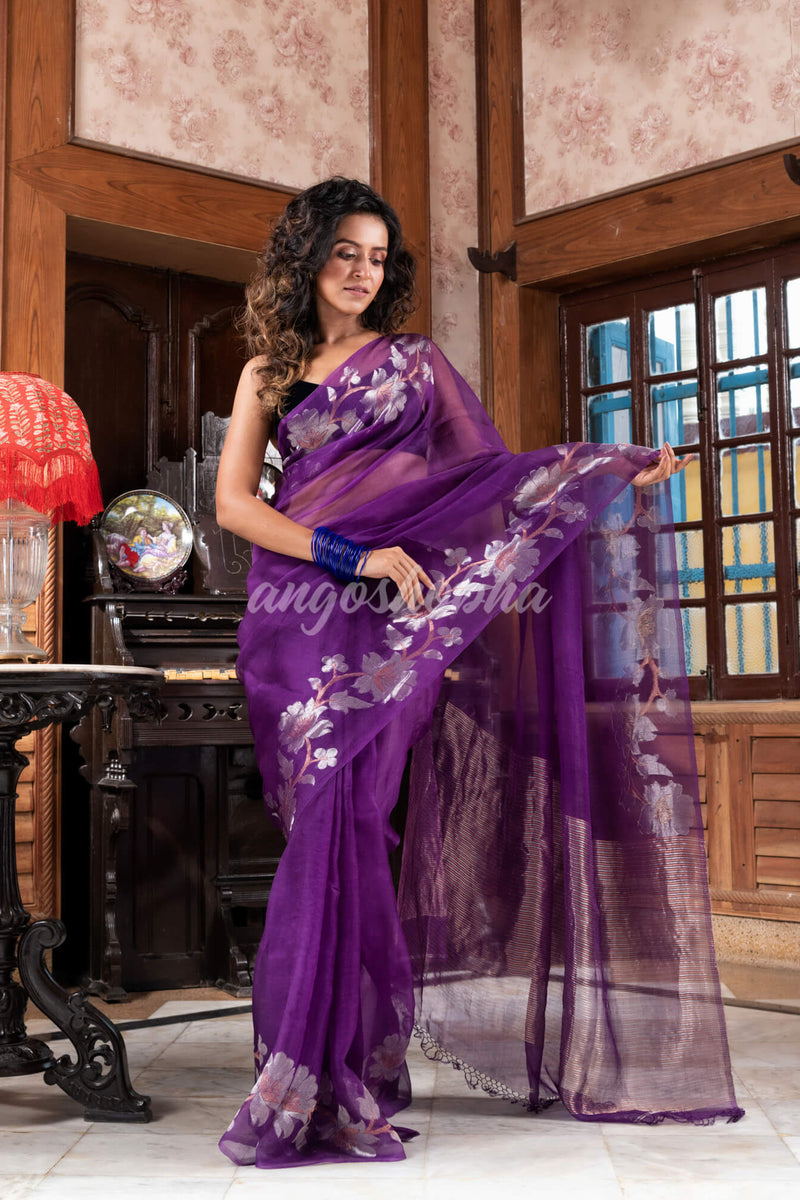 Purple Silk Handloom Jamdani Saree