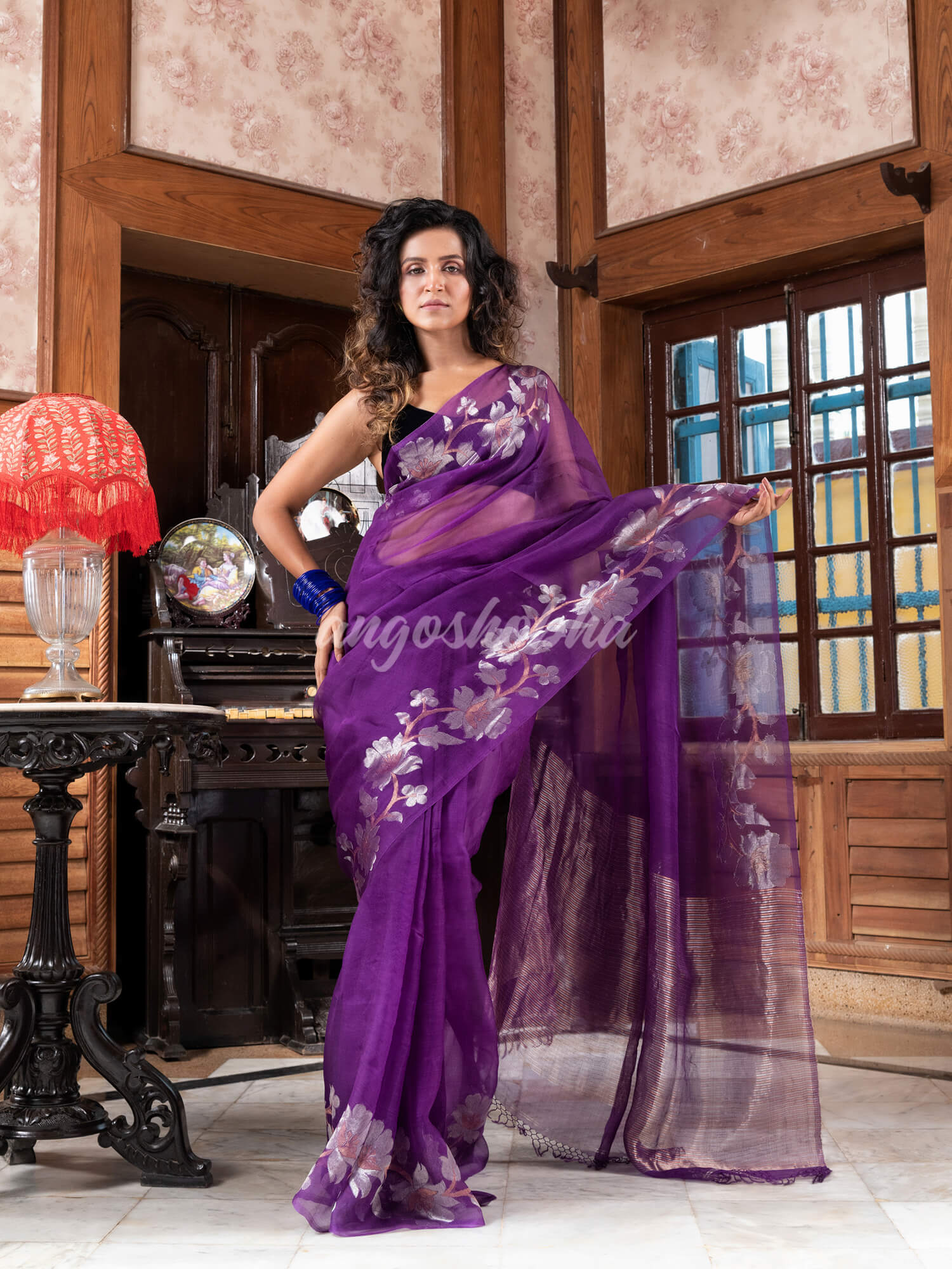 Purple Silk Handloom Jamdani Saree