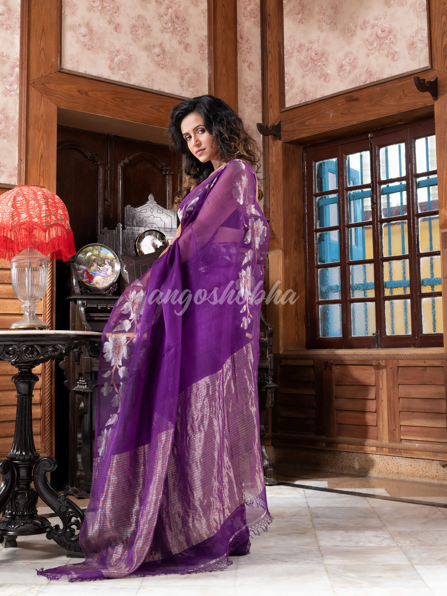 Purple Silk Handloom Jamdani Saree