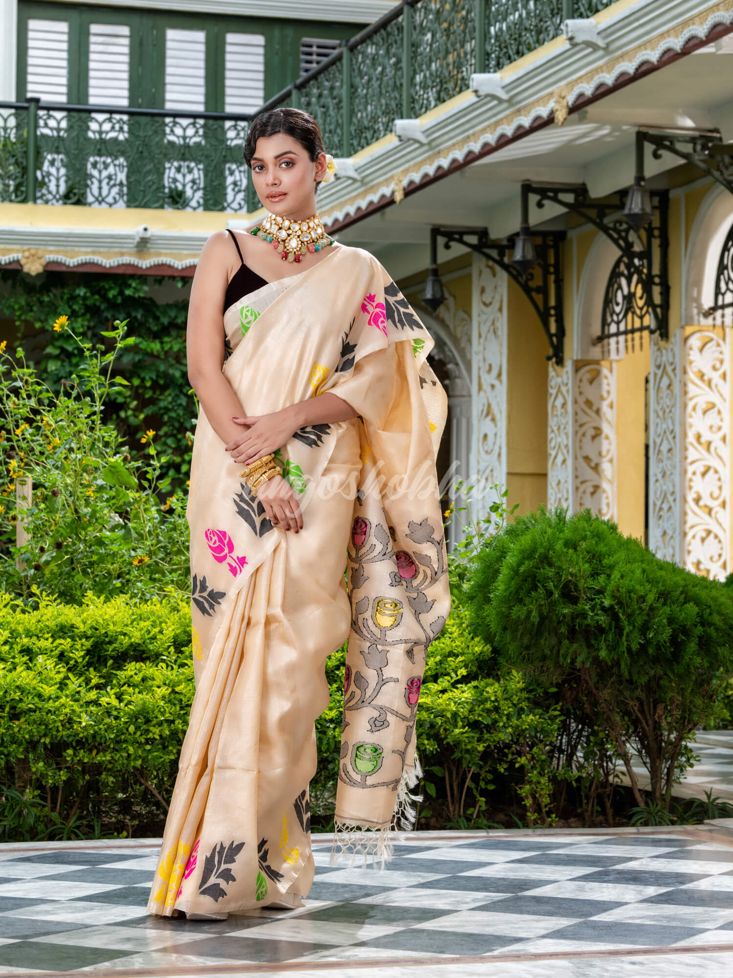 Cream Tussar Silk Handloom Jamdani Saree