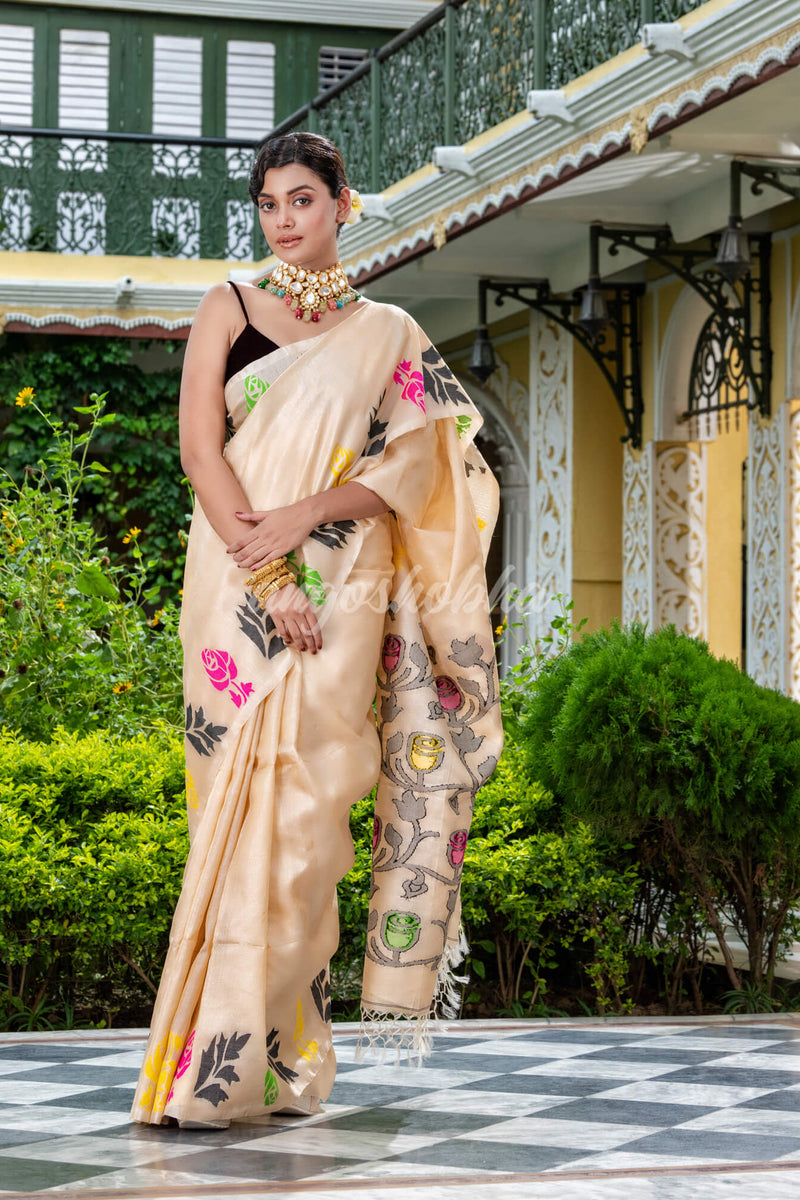 Cream Tussar Silk Handloom Jamdani Saree