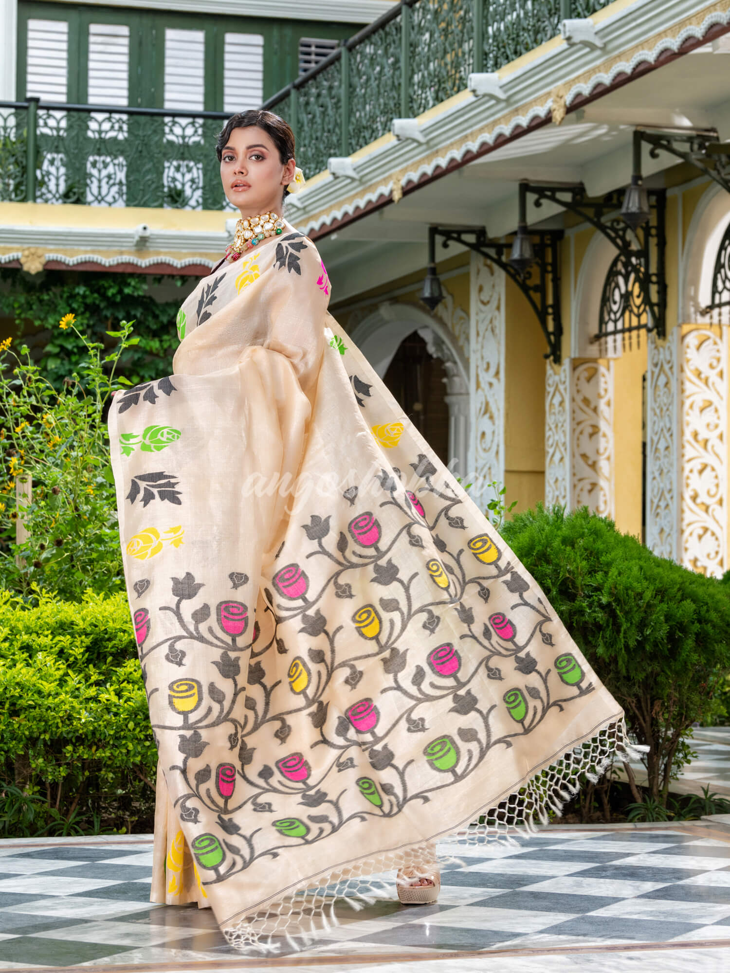 Cream Tussar Silk Handloom Jamdani Saree