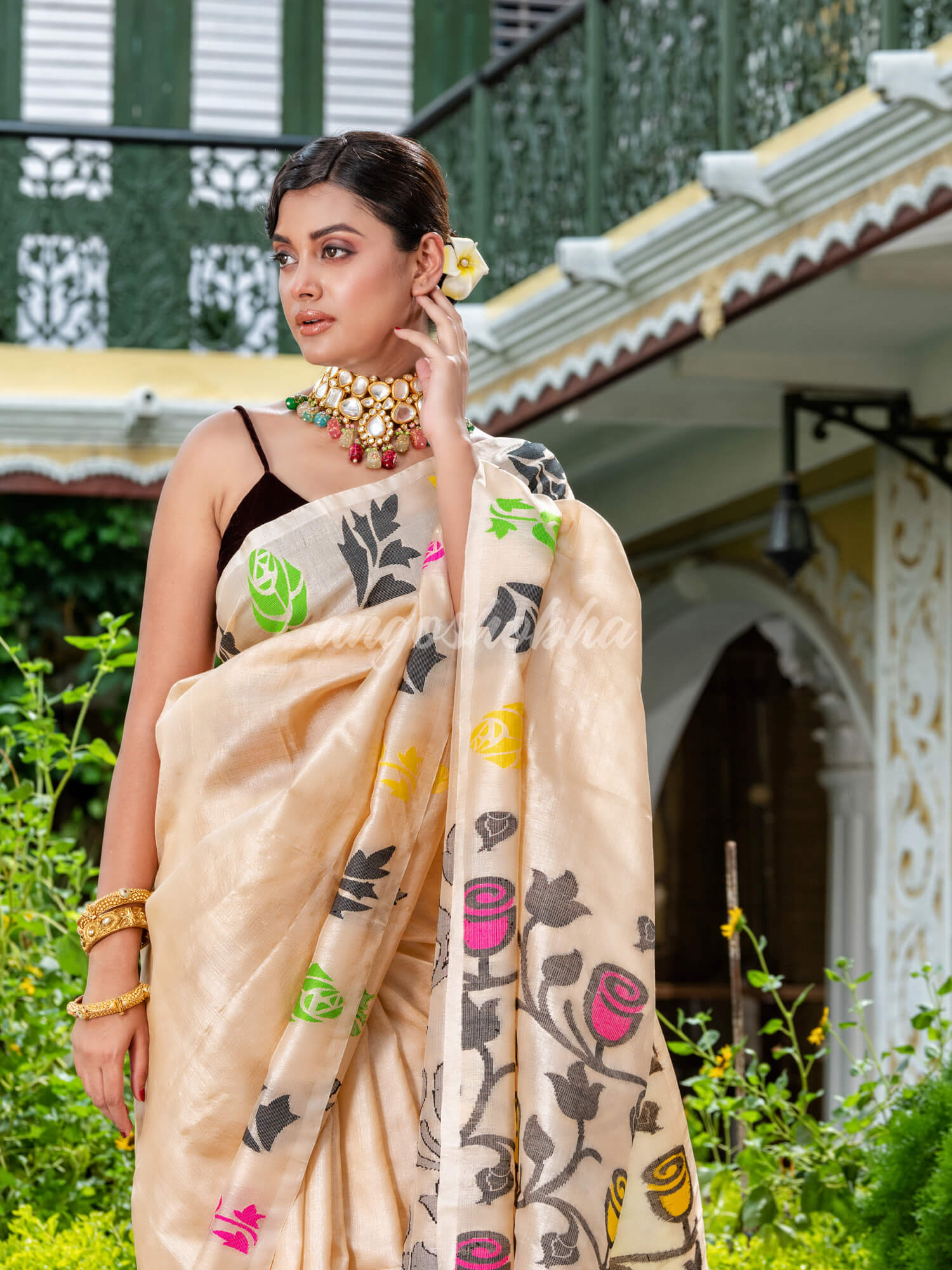 Cream Tussar Silk Handloom Jamdani Saree