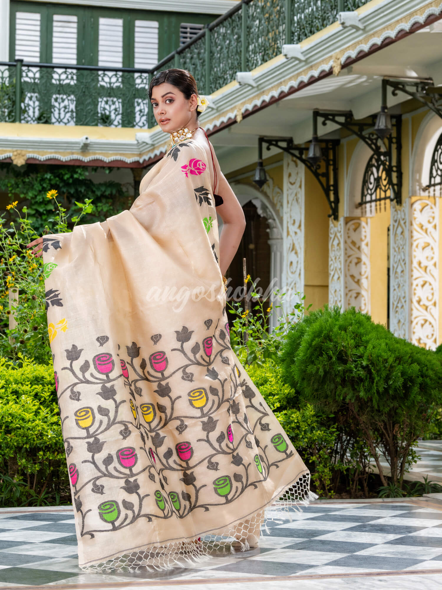 Cream Tussar Silk Handloom Jamdani Saree