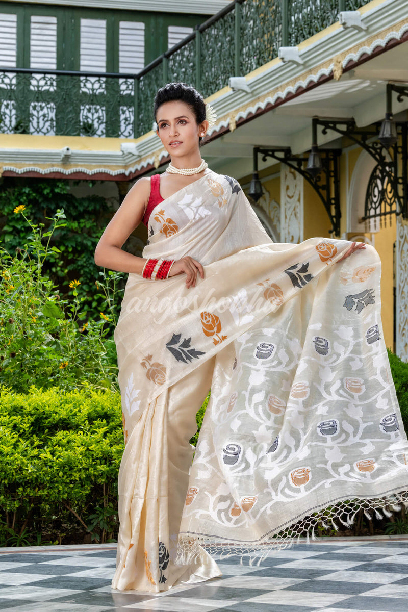 Off White Tussar Silk Handloom Jamdani Saree