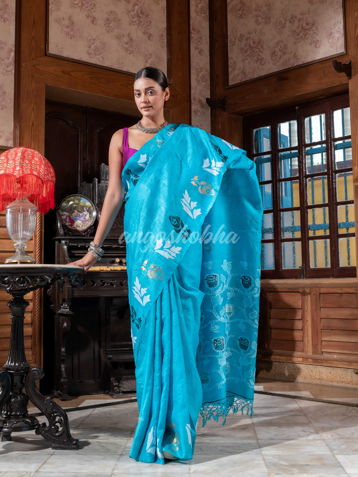 Turquoise Tussar Silk Handloom Jamdani Saree