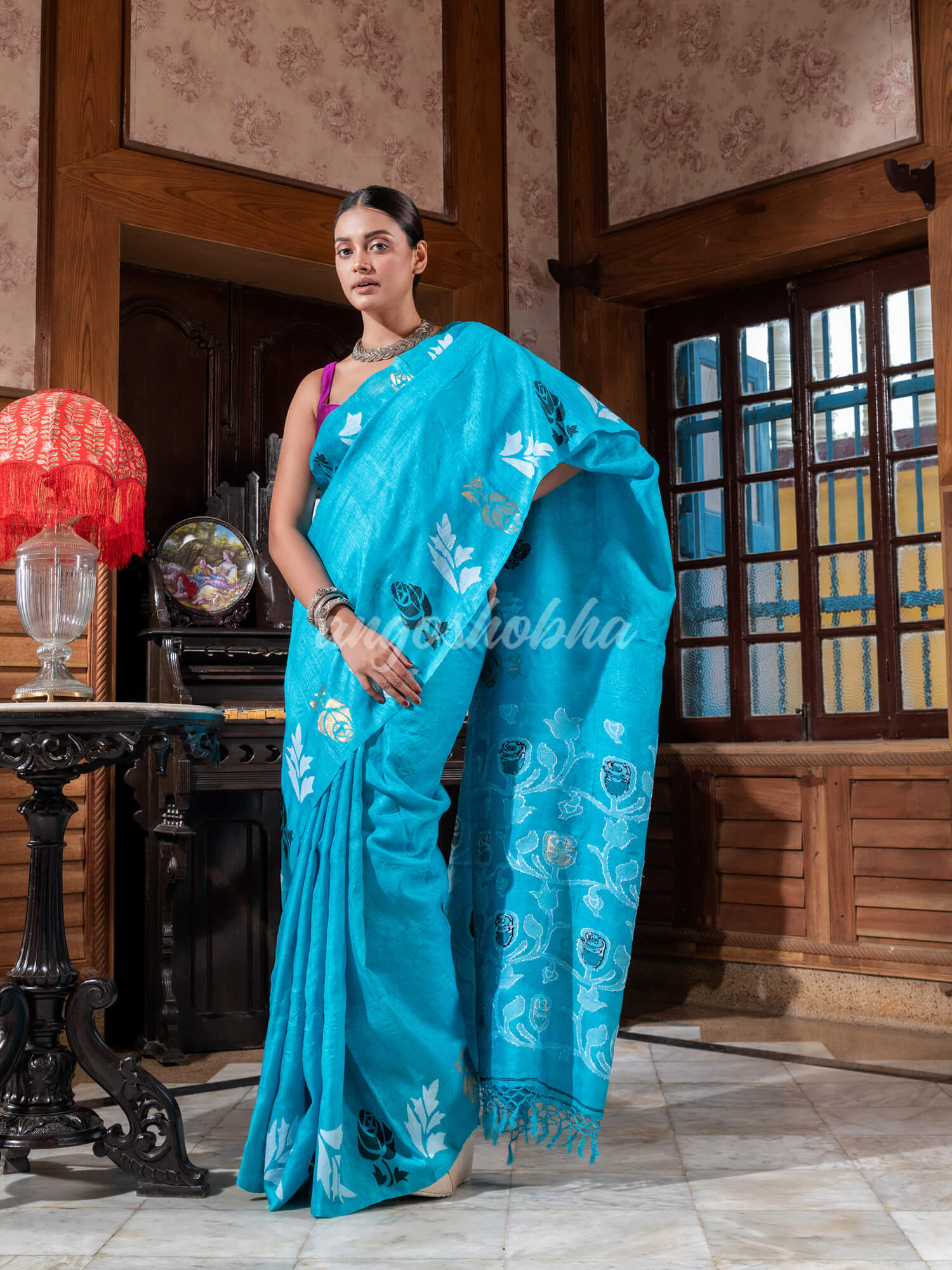Turquoise Tussar Silk Handloom Jamdani Saree