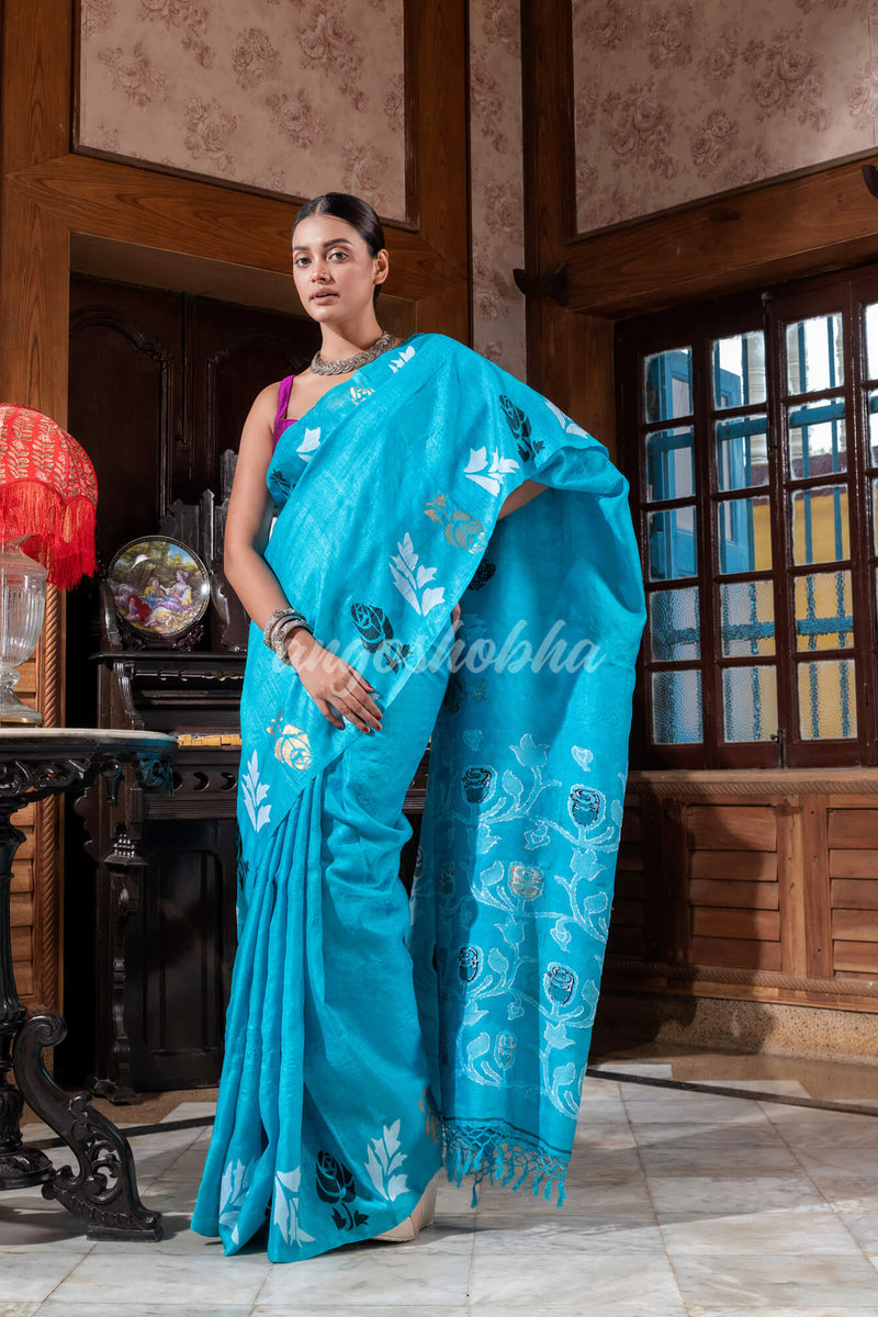 Turquoise Tussar Silk Handloom Jamdani Saree