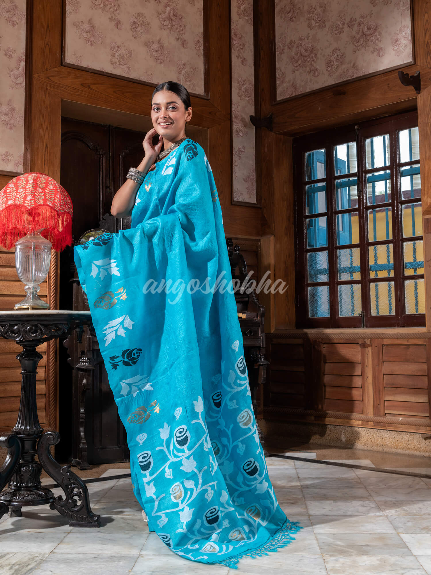 Turquoise Tussar Silk Handloom Jamdani Saree