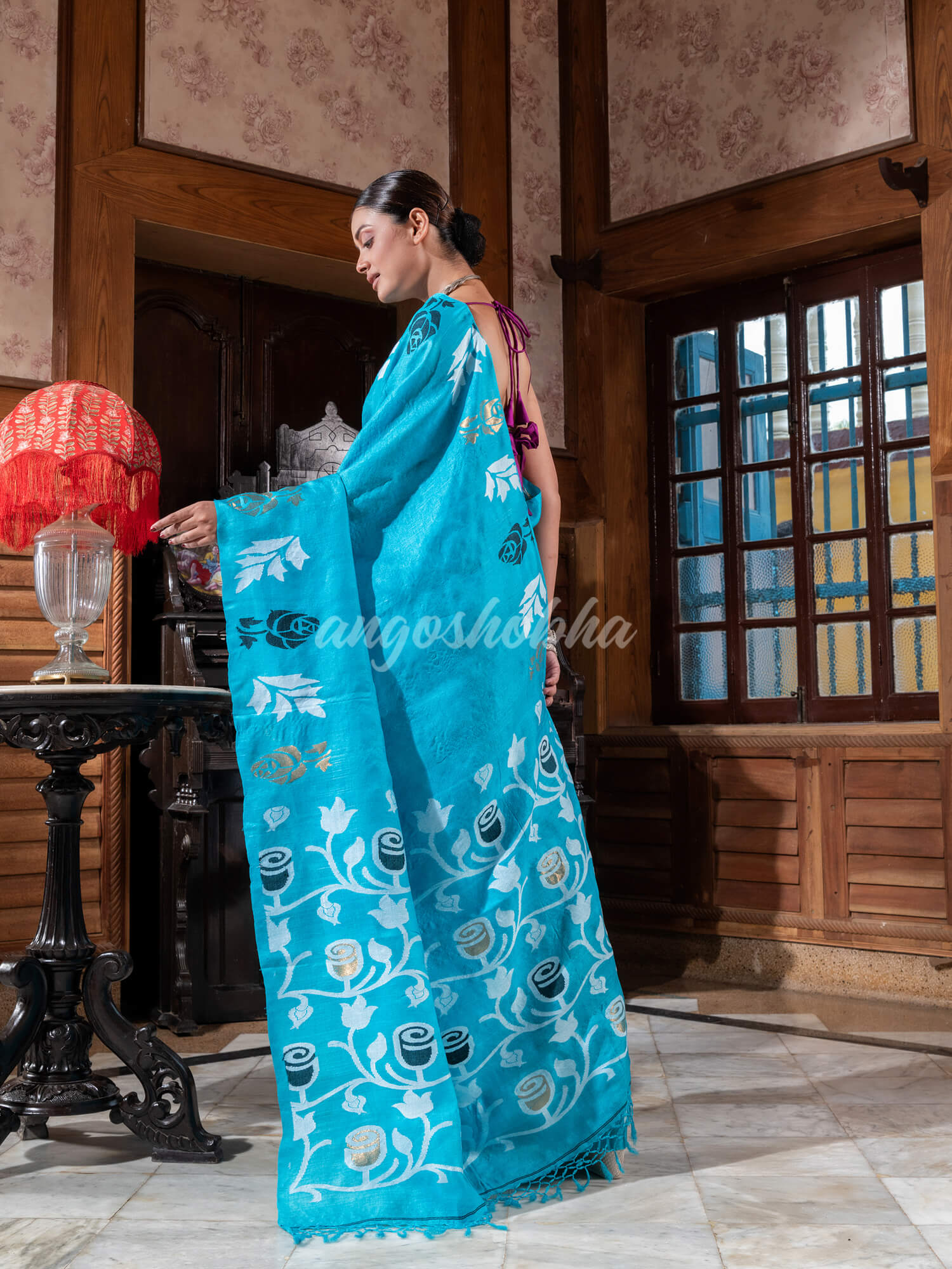 Turquoise Tussar Silk Handloom Jamdani Saree
