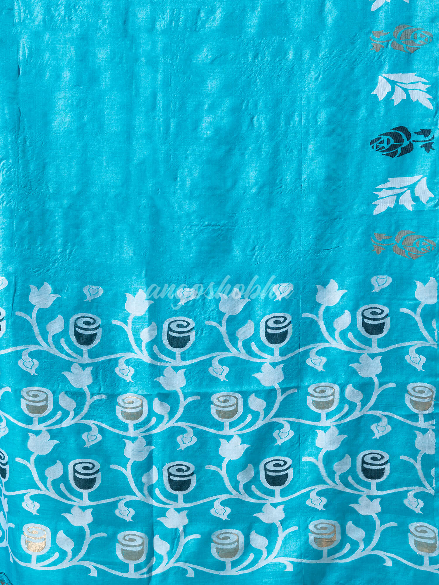 Turquoise Tussar Silk Handloom Jamdani Saree