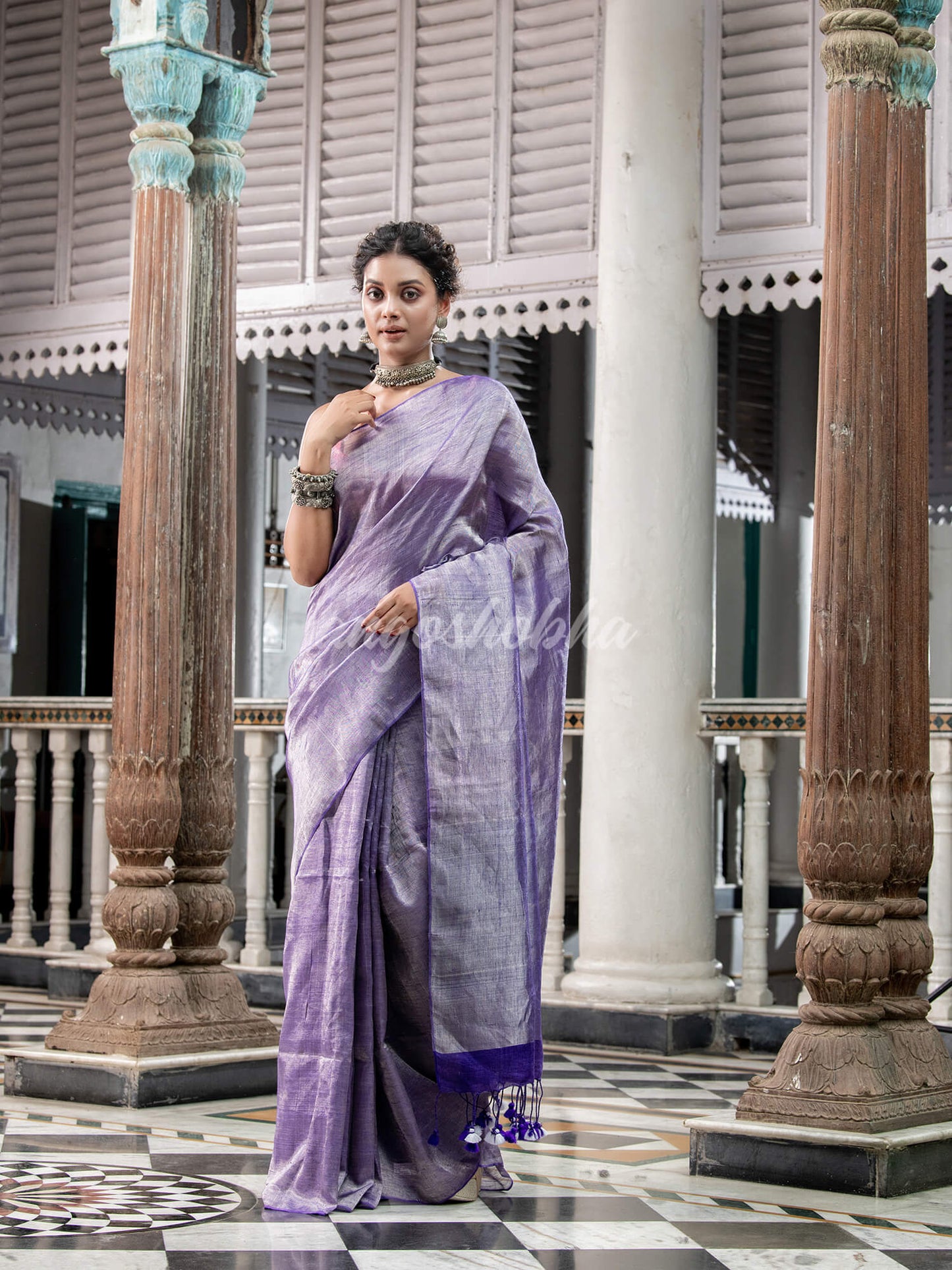 Violet Tissue Handloom linen Saree for women