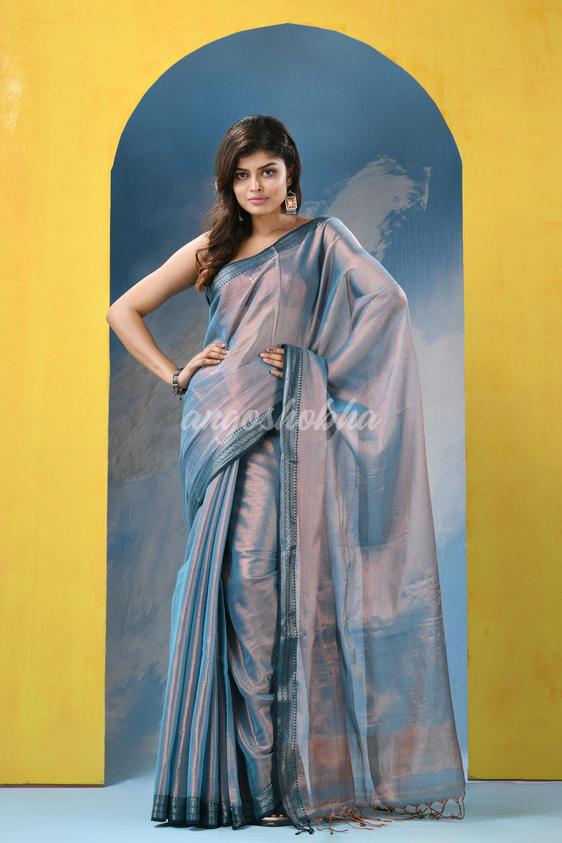 Turquoise Zari Cotton Tissue Handloom Saree