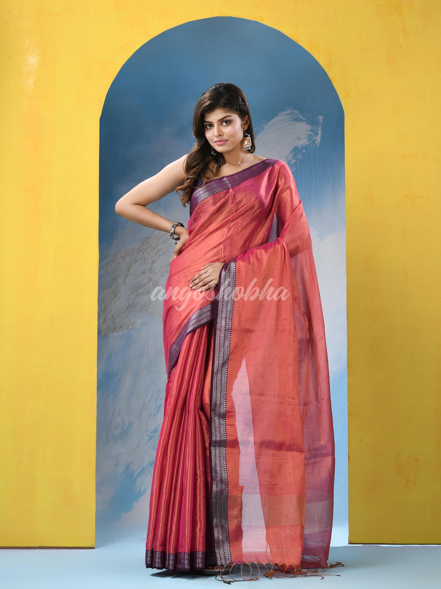 Dark Pink Zari Cotton Tissue Handloom Saree