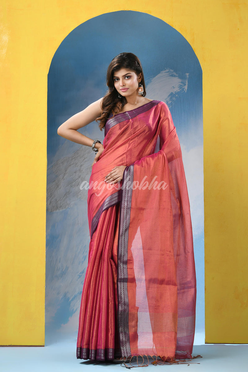 Dark Pink Zari Cotton Tissue Handloom Saree