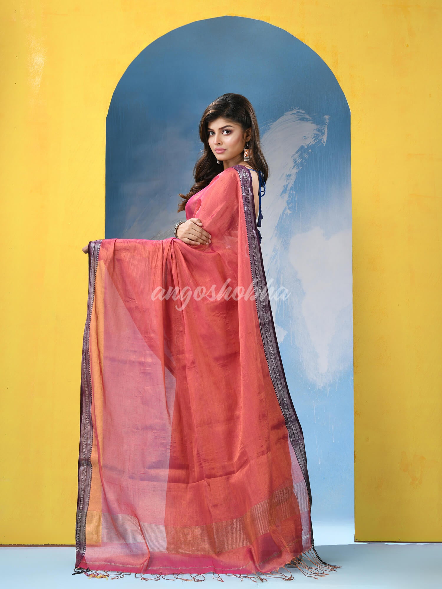 Dark Pink Zari Cotton Tissue Handloom Saree