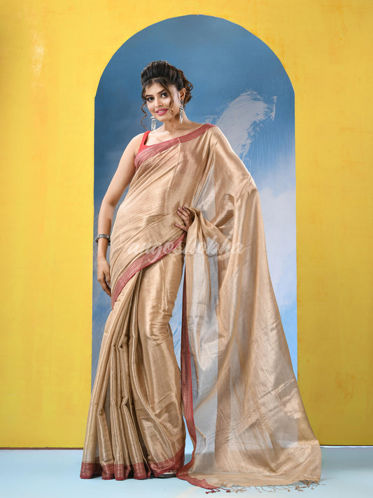 Beige Zari Cotton Tissue Handloom Saree