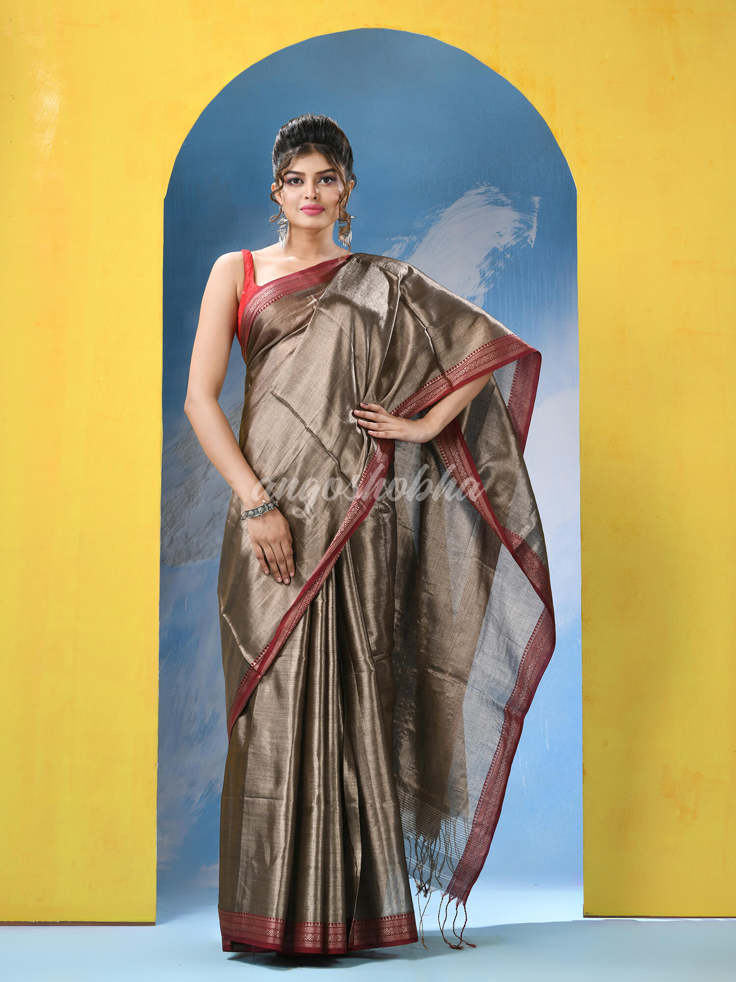Brushed Copper Zari Cotton Tissue Handloom Saree