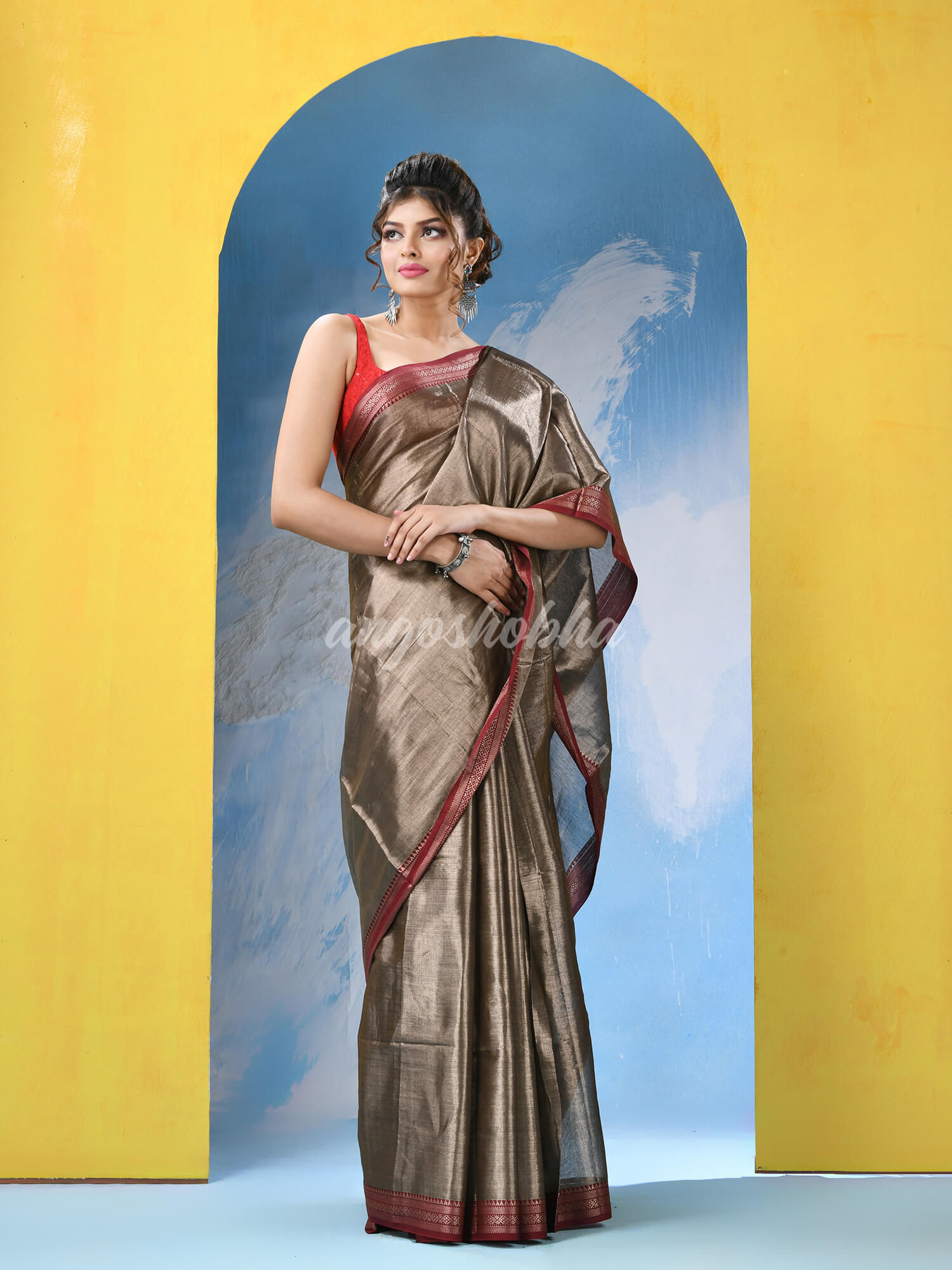 Brushed Copper Zari Cotton Tissue Handloom Saree
