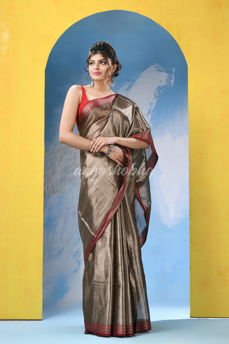Brushed Copper Zari Cotton Tissue Handloom Saree