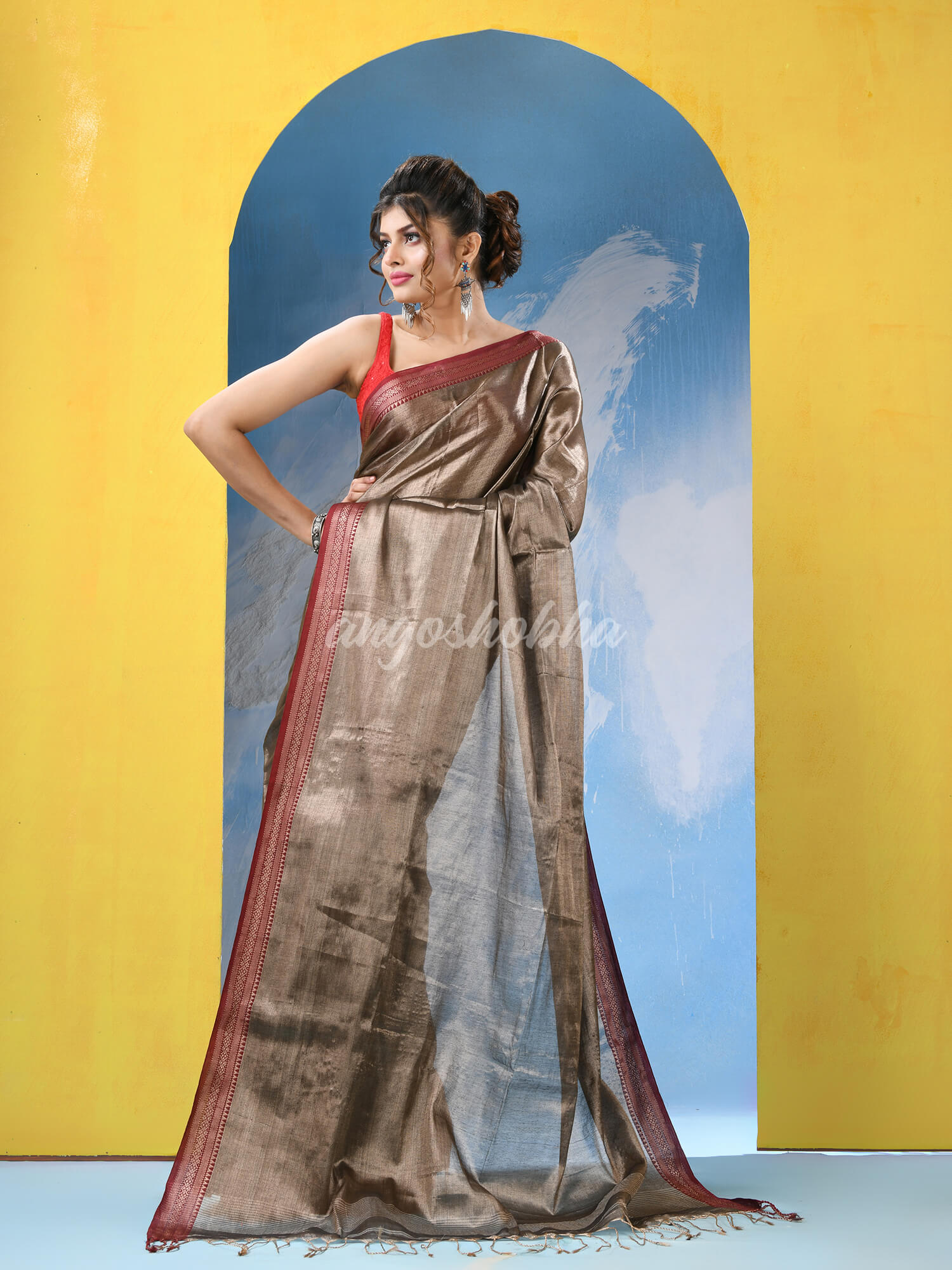 Brushed Copper Zari Cotton Tissue Handloom Saree