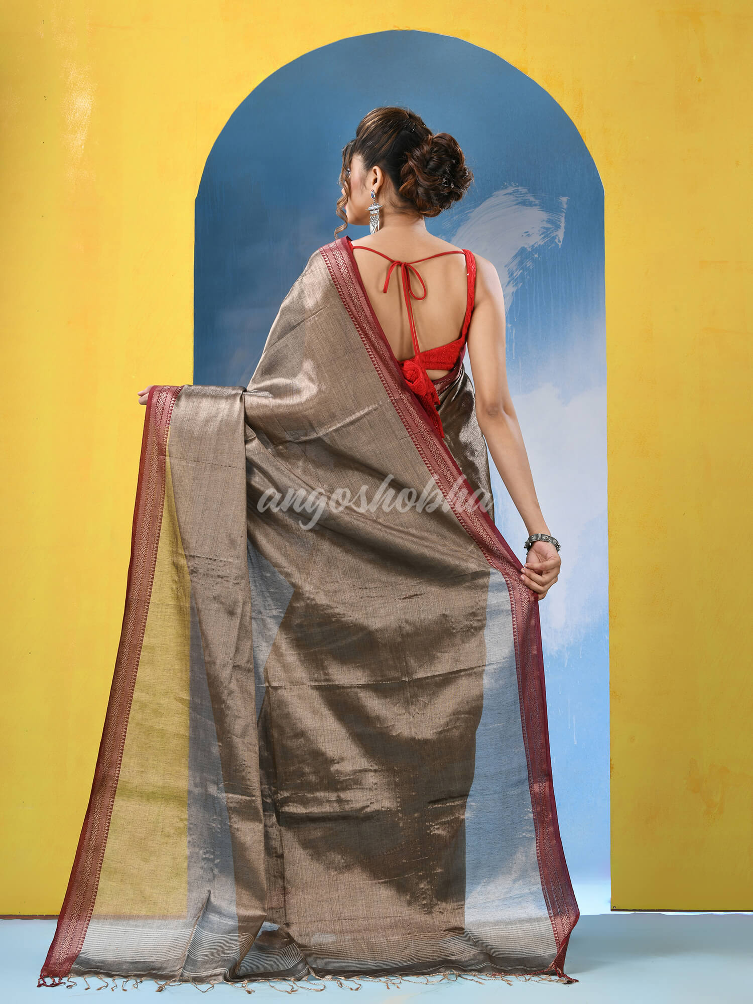Brushed Copper Zari Cotton Tissue Handloom Saree