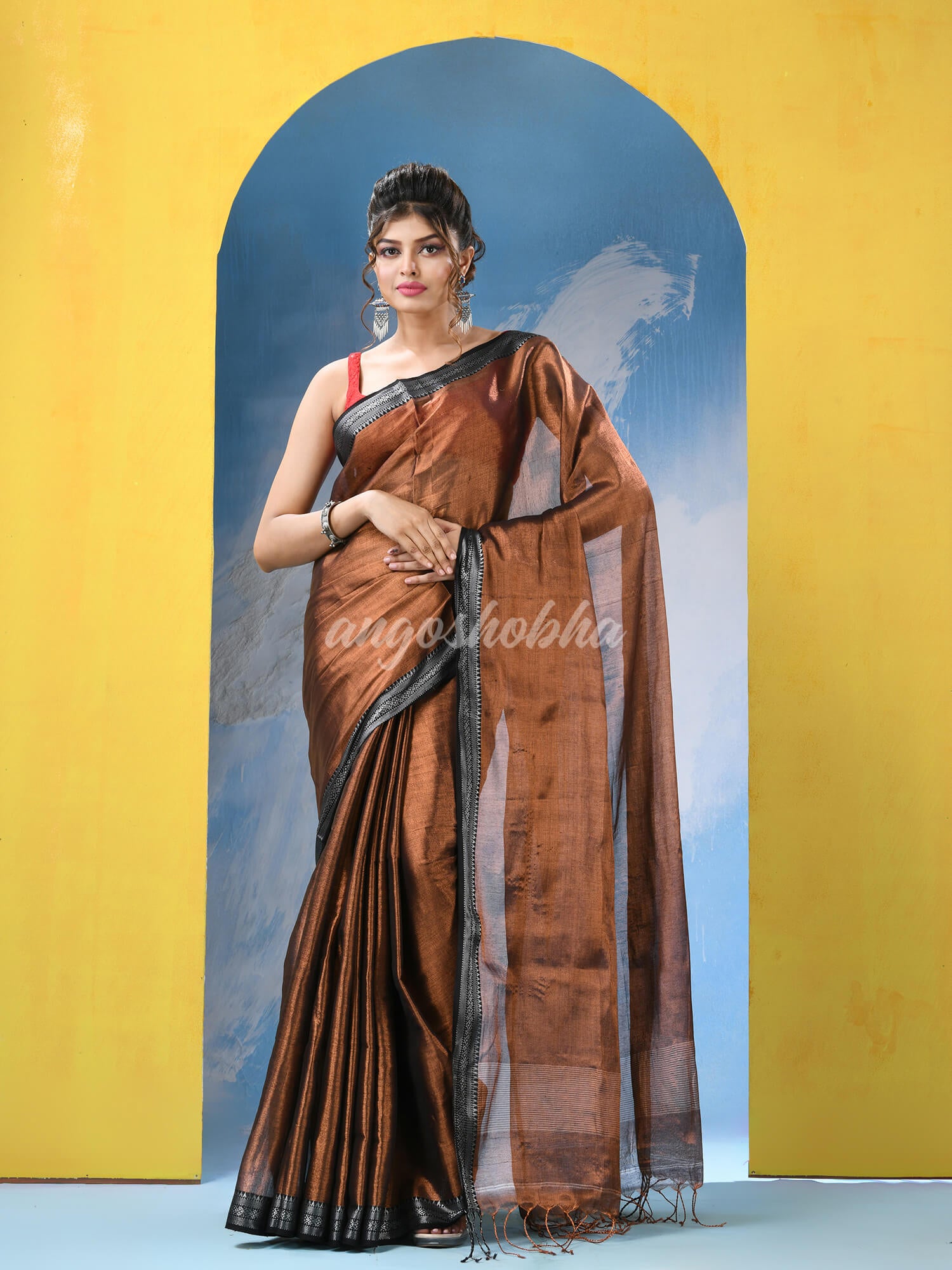 Copper Zari Cotton Tissue Handloom Saree