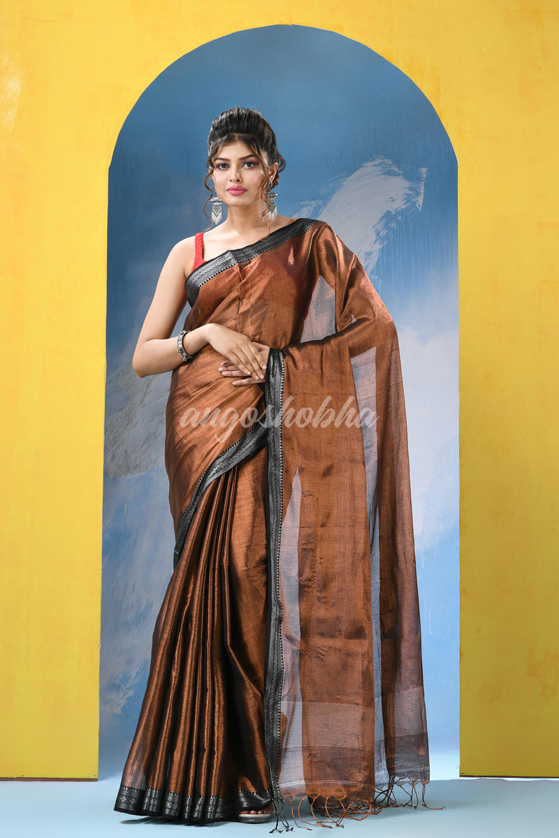 Copper Zari Cotton Tissue Handloom Saree