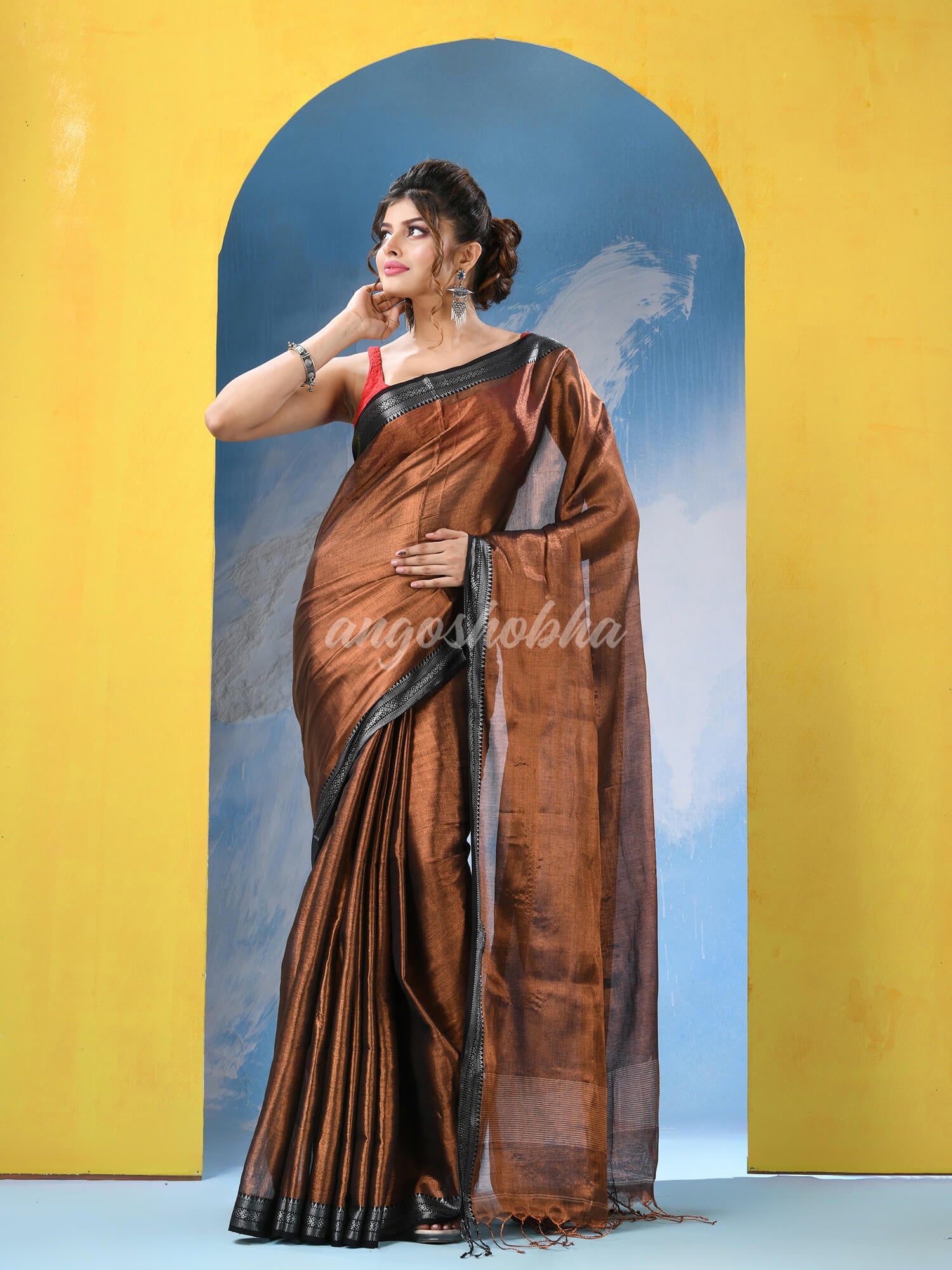 Copper Zari Cotton Tissue Handloom Saree