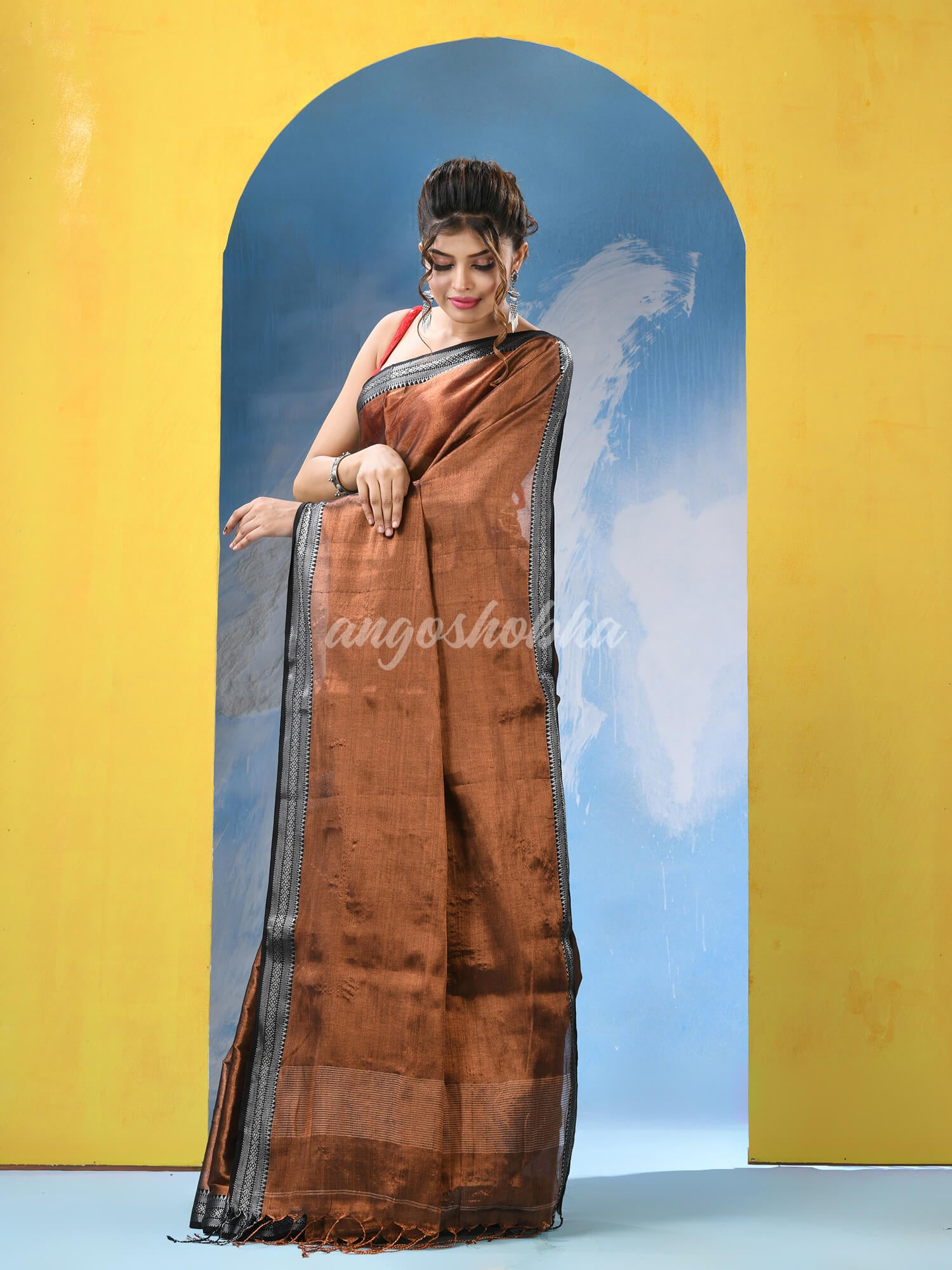 Copper Zari Cotton Tissue Handloom Saree