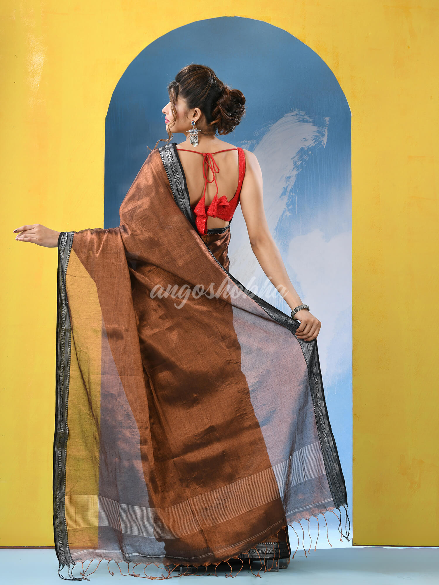 Copper Zari Cotton Tissue Handloom Saree