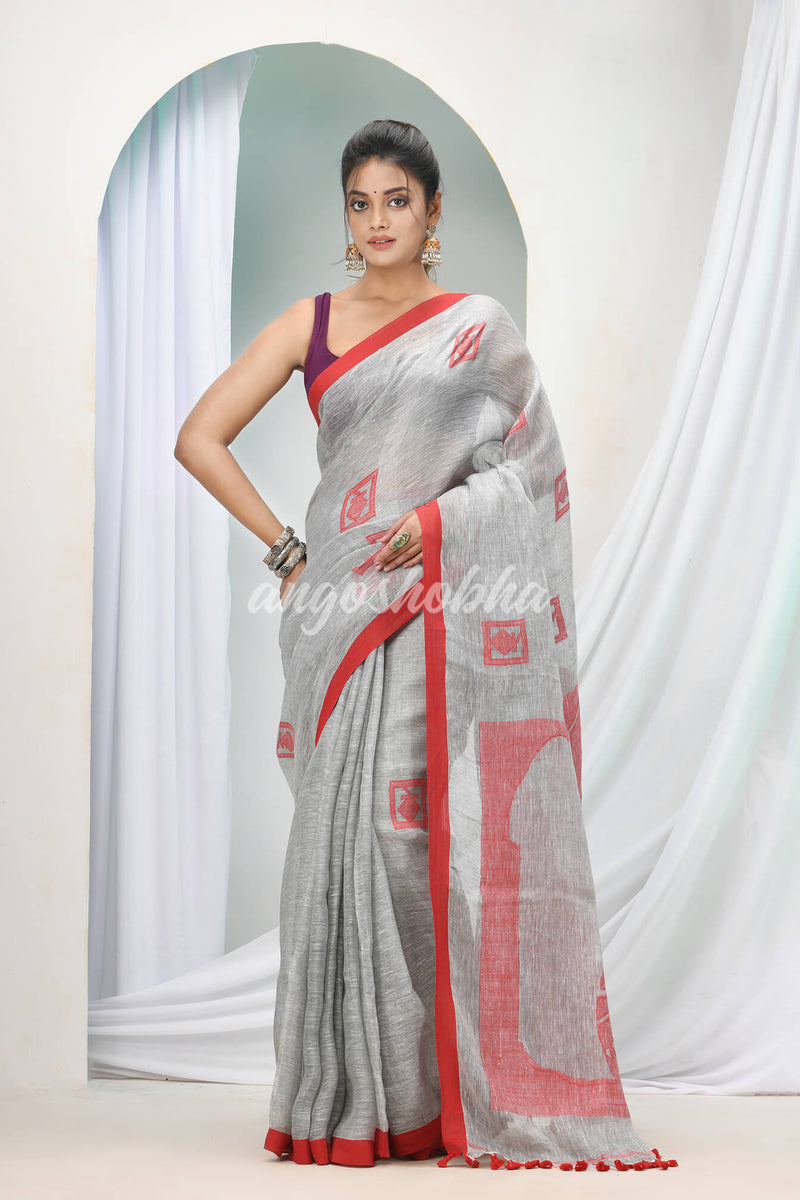 Grey Linen Handloom Saree