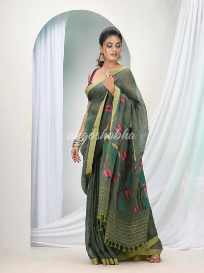 Moss Green Linen Handloom Saree