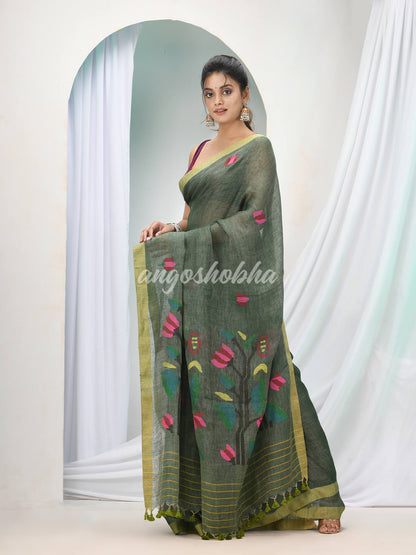 Moss Green Linen Handloom Saree