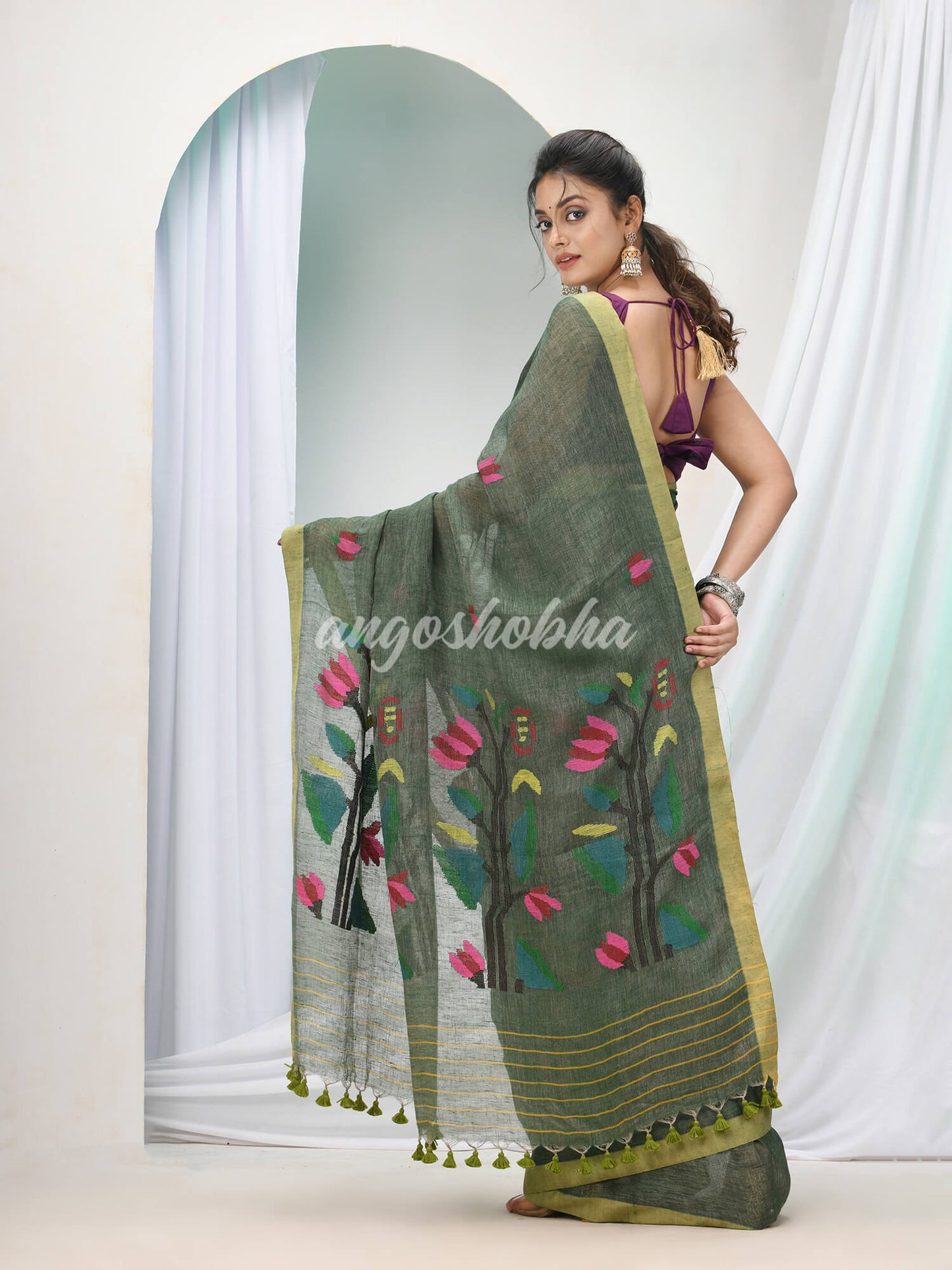 Moss Green Linen Handloom Saree