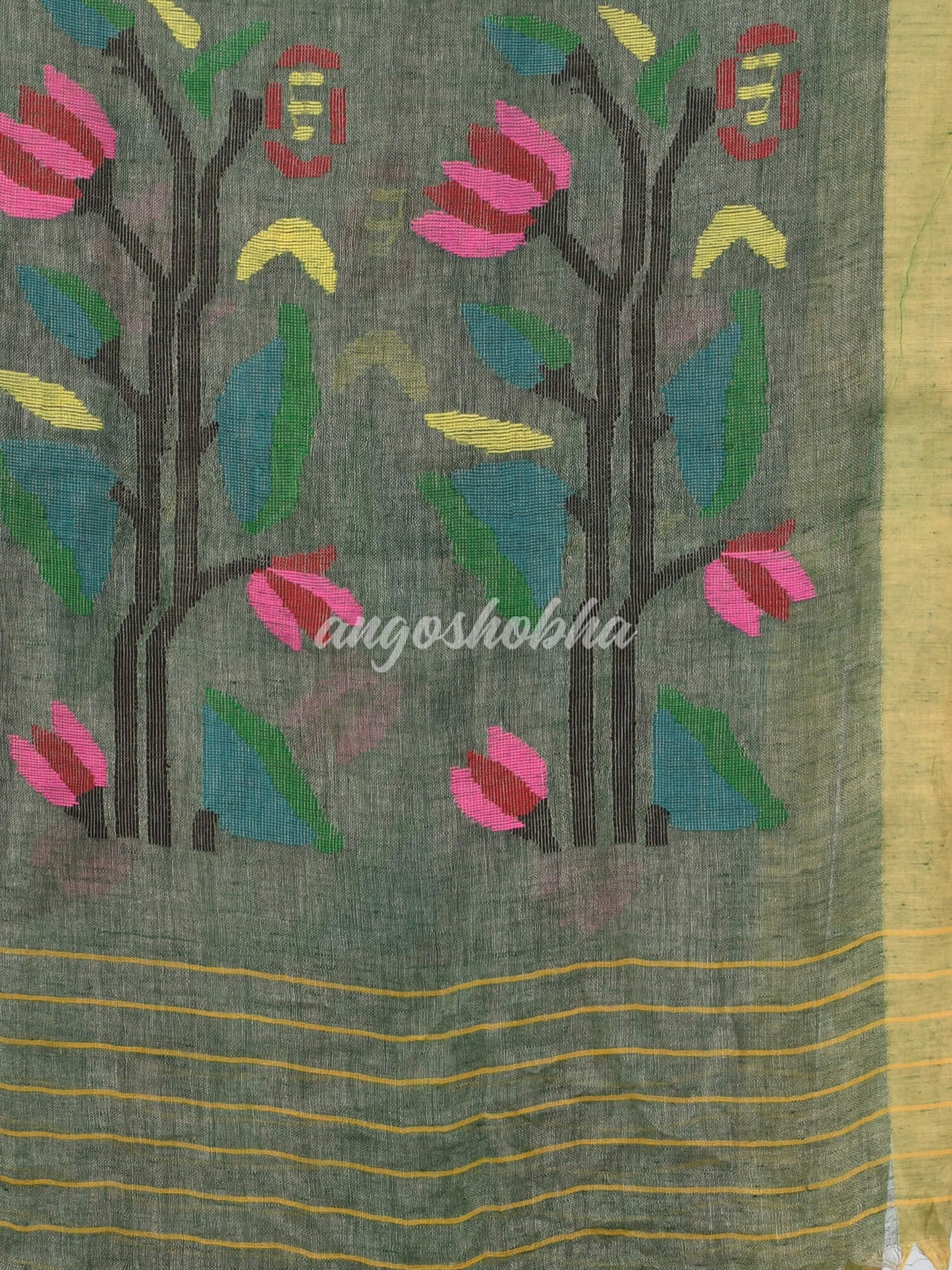 Moss Green Linen Handloom Saree