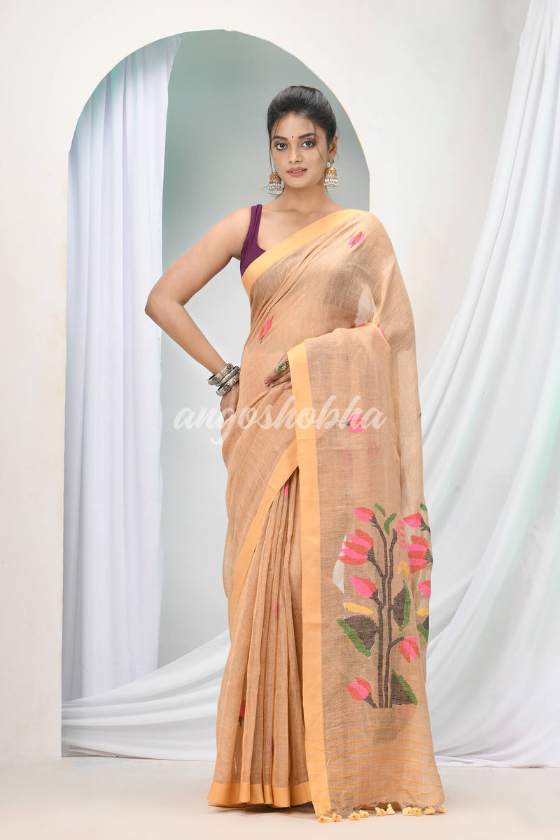 Sepia Tan Linen Handloom Saree