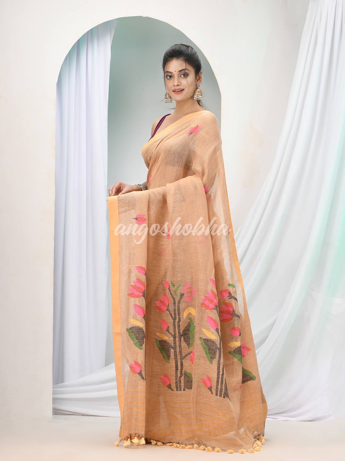 Sepia Tan Linen Handloom Saree