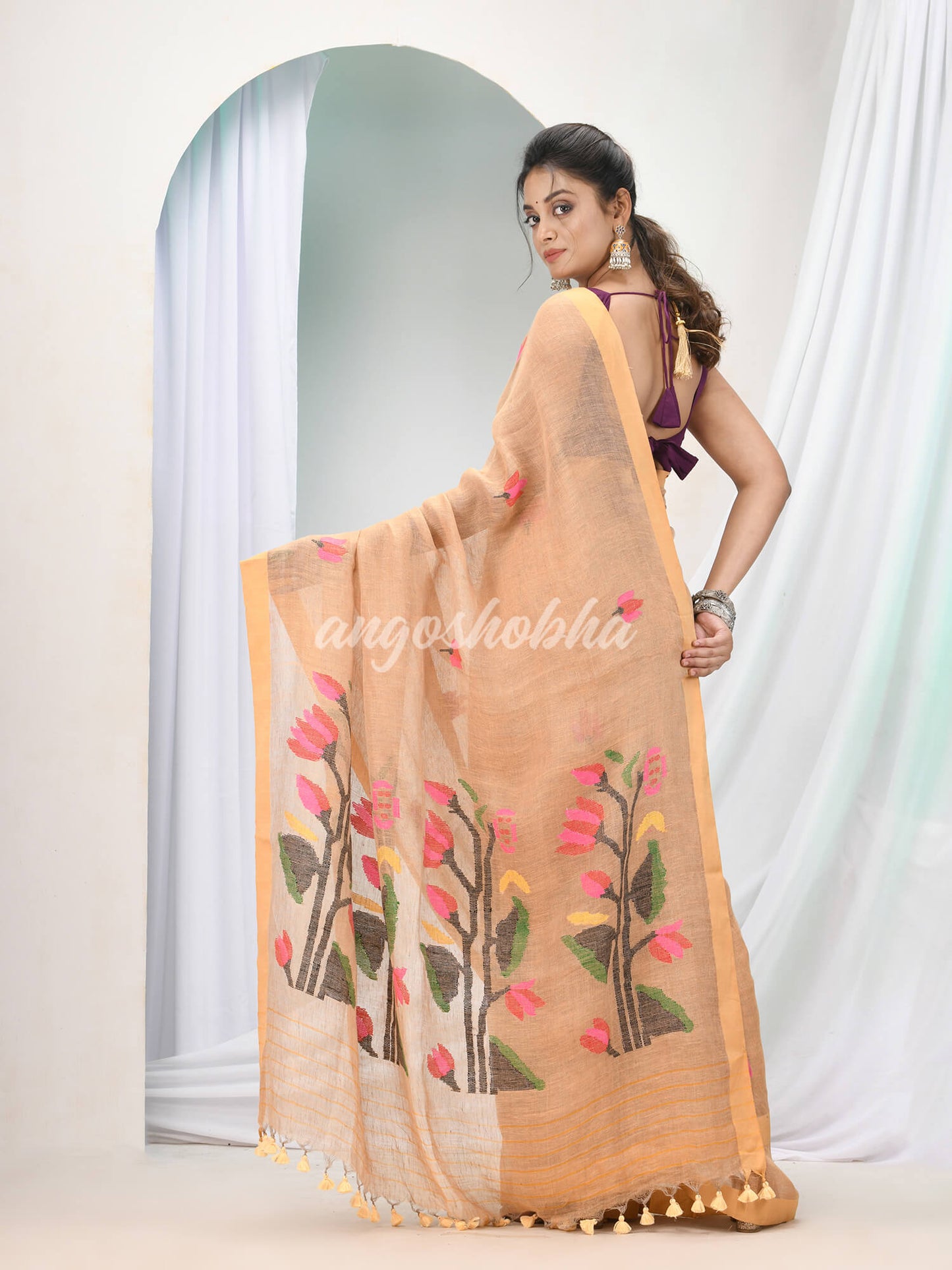 Sepia Tan Linen Handloom Saree